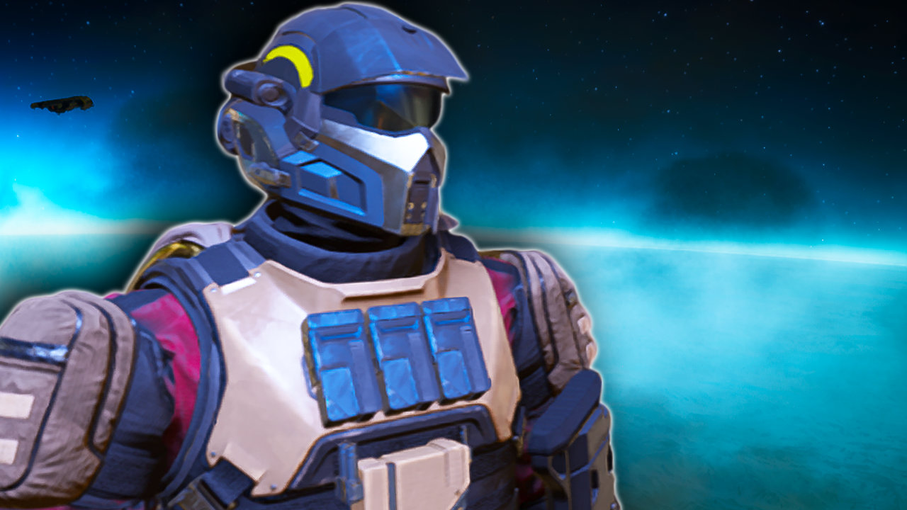 Helldivers 2 Soldat beige rote Ruestung Planet im Hintergrund