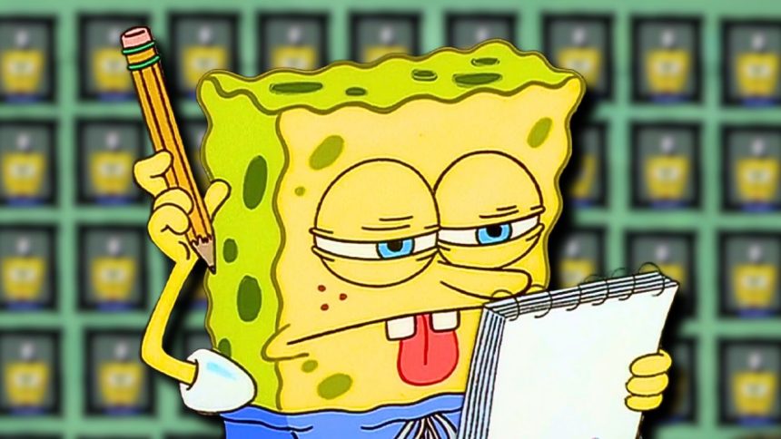 Spongebob vor der Mitarbeiter des Monats Wand