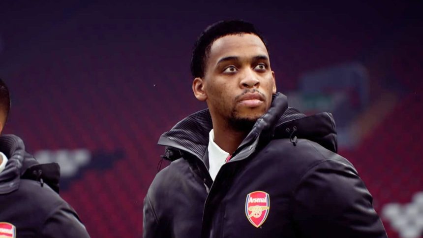 Titel EA FC 26 Jurrien Timber in Arsenal Trainingsjacke im leeren Stadion